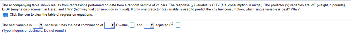 The accompanying table shows results from regressions performed on data from a random sample of 21 cars. The response (y) variable is CITY (fuel consumption in mi/gal). The predictor (x) variables are WT (weight in pounds),
DISP (engine displacement in liters), and HWY (highway fuel consumption in mi/gal). If only one predictor (x) variable is used to predict the city fuel consumption, which single variable is best? Why?
E Click the icon to view the table of regression equations.
The best variable is
V because it has the best combination of
V P-value,
and
V adjusted R2, I
(Type integers or decimals. Do not round.)
