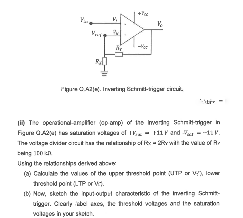 +Vcc
Vin
VI
Vo
Vref
VN
-Vcc
Ry
RxL
Figure Q.A2(e). Inverting Schmitt-trigger circuit.
(ii) The operational-amplifier (op-amp) of the inverting Schmitt-trigger in
Figure Q.A2(e) has saturation voltages of +Vsat = +11 V and -Vsat = -11 V.
The voltage divider circuit has the relationship of Rx = 2RY with the value of RY
being 100 kn.
Using the relationships derived above:
(a) Calculate the values of the upper threshold point (UTP or Vi*), lower
threshold point (LTP or Vr).
(b) Now, sketch the input-output characteristic of the inverting Schmitt-
trigger. Clearly label axes, the threshold voltages and the saturation
voltages in your sketch.
