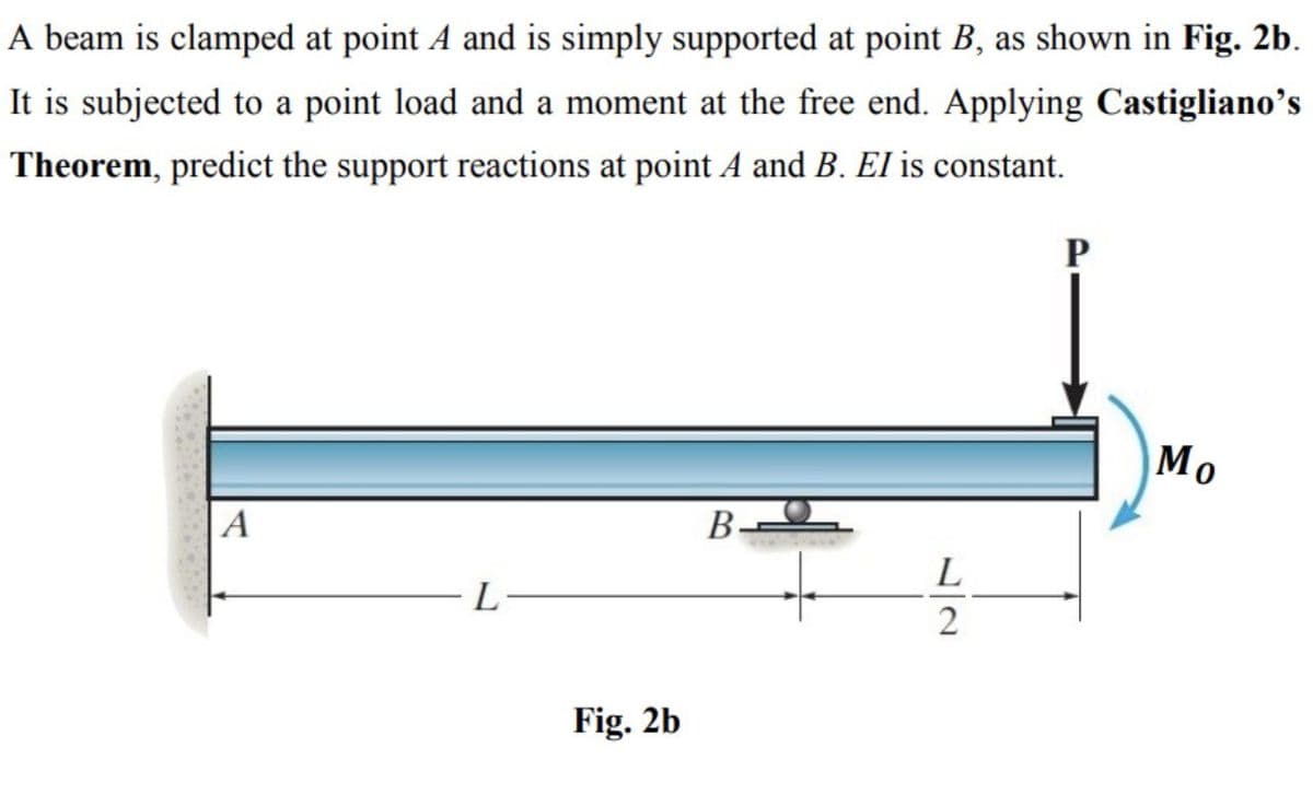 A beam is clamped at point A and is simply supported at point B, as shown in Fig. 2b.
It is subjected to a point load and a moment at the free end. Applying Castigliano's
Theorem, predict the support reactions at point A and B. El is constant.
P
Mo
A
B-
L
Fig. 2b
