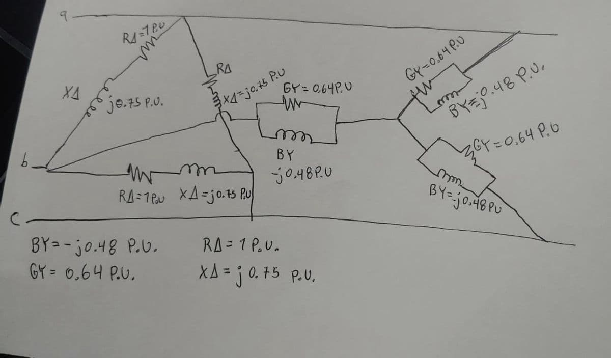 XA
M
je.75 P.U.
RA
3x4=0.45 P.U
m
RA=1PN XA=jo.15 Pu
BY=-jo.48 P.U.
GY = 0.64 P.U.
GY=0.64P0
w
m
BY
-50.489.0
RA= 1 P₂U.
XA =j 0.75 P.U.
GY-0.64 PU
fuimt
BY=0.48 P.U.
GY=0.64 P₁0
mm.
BY=jo.48Pu