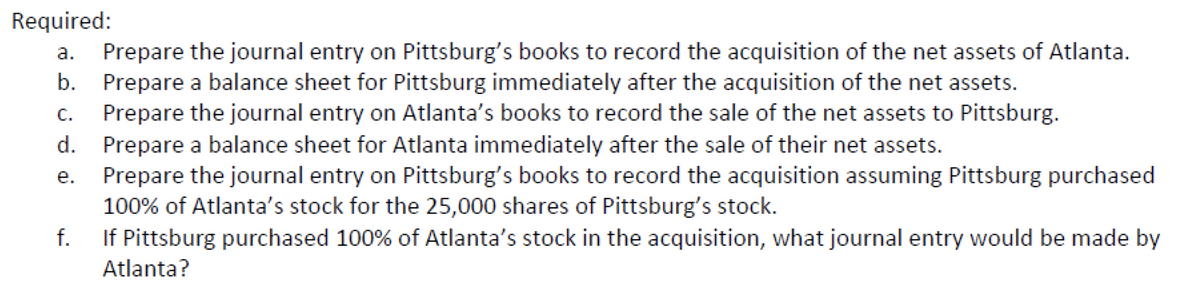 Required:
a. Prepare the journal entry on Pittsburg's books to record the acquisition of the net assets of Atlanta.
b. Prepare a balance sheet for Pittsburg immediately after the acquisition of the net assets.
C.
Prepare the journal entry on Atlanta's books to record the sale of the net assets to Pittsburg.
d. Prepare a balance sheet for Atlanta immediately after the sale of their net assets.
e.
Prepare the journal entry on Pittsburg's books to record the acquisition assuming Pittsburg purchased
100% of Atlanta's stock for the 25,000 shares of Pittsburg's stock.
f.
If Pittsburg purchased 100% of Atlanta's stock in the acquisition, what journal entry would be made by
Atlanta?