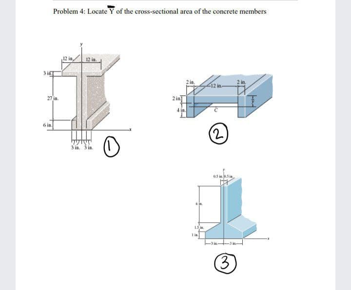 Problem 4: Locate Y of the cross-sectional area of the concrete members
12 in,
12 in.
3 in.
2 in.
2 in.
12 in.
27 in.
2 in]
4 in.
6 in.
(2)
3 in. 3 in.
0.5 in. 0.5 ia
6 in.
15, in,
1 ie.
(3)
