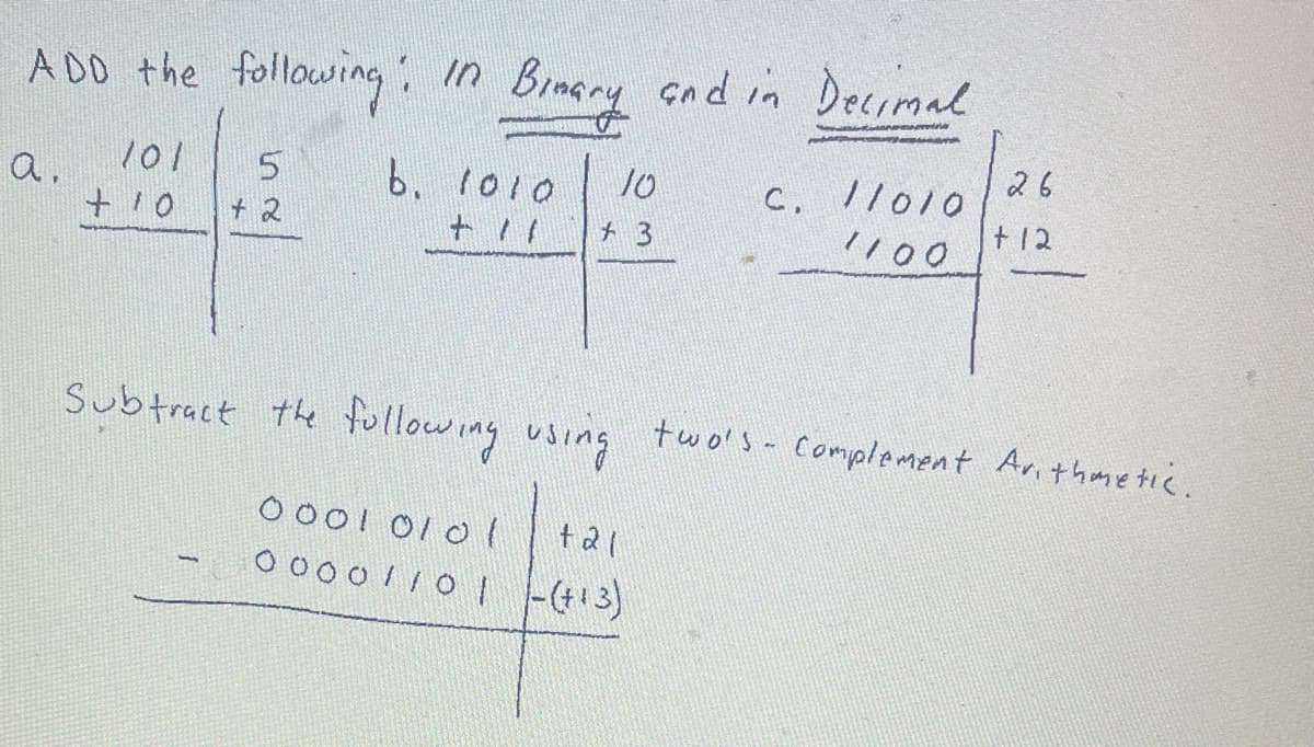 ADD the following. In Binary and in Decimal
101
b. 1010
+ 10
5
+2
10
+3
Subtract the following using
0001 0101
+21
00001101 (+13)
c. 11010
1100
26
+ 12
two's complement Arithmetic.