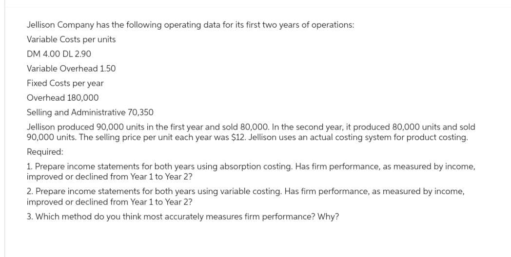 Jellison Company has the following operating data for its first two years of operations:
Variable Costs per units
DM 4.00 DL 2.90
Variable Overhead 1.50
Fixed Costs per year
Overhead 180,000
Selling and Administrative 70,350
Jellison produced 90,000 units in the first year and sold 80,000. In the second year, it produced 80,000 units and sold
90,000 units. The selling price per unit each year was $12. Jellison uses an actual costing system for product costing.
Required:
1. Prepare income statements for both years using absorption costing. Has firm performance, as measured by income,
improved or declined from Year 1 to Year 2?
2. Prepare income statements for both years using variable costing. Has firm performance, as measured by income,
improved or declined from Year 1 to Year 2?
3. Which method do you think most accurately measures firm performance? Why?