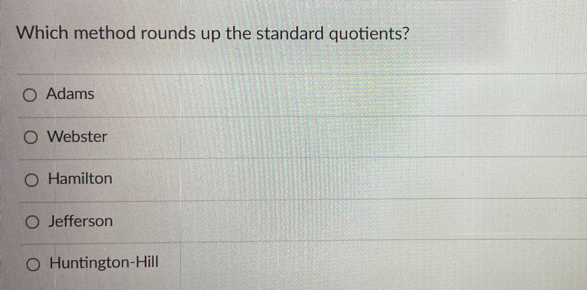 Which method rounds up the standard quotients?
O Adams
O Webster
O Hamilton
O Jefferson
O Huntington-Hill
