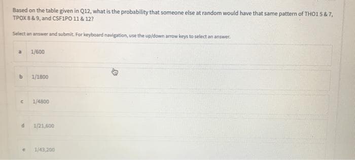 Based on the table given in Q12, what is the probability that someone else at random would have that same pattern of THO1 5& 7,
TPOX 8&9, and CSF1PO 11 & 12?
Select an answer and submit. For keyboard navigation, use the up/down arrow keys to select an answer.
1/600
1/1800
1/4800
P.
1/21,600
1/43,200
