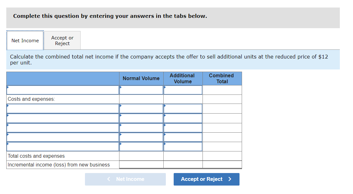 ## Net Income Calculation Module

**Instructions: Complete this question by entering your answers in the tabs below.**

### Net Income Calculation

Calculate the combined total net income if the company accepts the offer to sell additional units at the reduced price of $12 per unit.

#### Input Table:

| Costs and expenses:                                  | Normal Volume | Additional Volume | Combined Total |
|------------------------------------------------------|---------------|-------------------|----------------|
| Line item placeholder 1                              |               |                   |                |
| Line item placeholder 2                              |               |                   |                |
| Line item placeholder 3                              |               |                   |                |
| Line item placeholder 4                              |               |                   |                |
| Line item placeholder 5                              |               |                   |                |
| **Total costs and expenses**                         |               |                   |                |
| **Incremental income (loss) from new business**      |               |                   |                |

### Decision Tabs:

- **Net Income** - Enter the calculated total net income along with detailed cost and expense breakdowns.
- **Accept or Reject** - Decide whether to accept or reject the offer based on the calculated net income and provide justifications.

Click on the "Net Income" tab to input your calculations and then proceed to the "Accept or Reject" tab to make your decision.

[Net Income] [Accept or Reject]