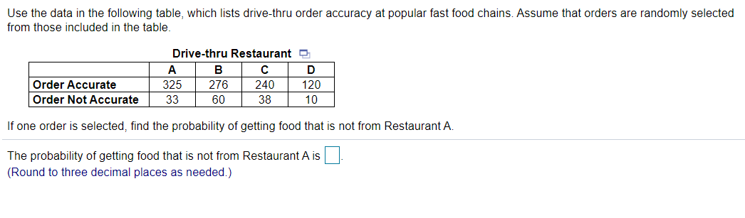 Use the data in the following table, which lists drive-thru order accuracy at popular fast food chains. Assume that orders are randomly selected
from those included in the table.
Drive-thru Restaurant 9
A
В
D
Order Accurate
325
276
240
120
Order Not Accurate
33
60
38
10
If one order is selected, find the probability of getting food that is not from Restaurant A.
The probability of getting food that is not from Restaurant A is
(Round to three decimal places as needed.)
