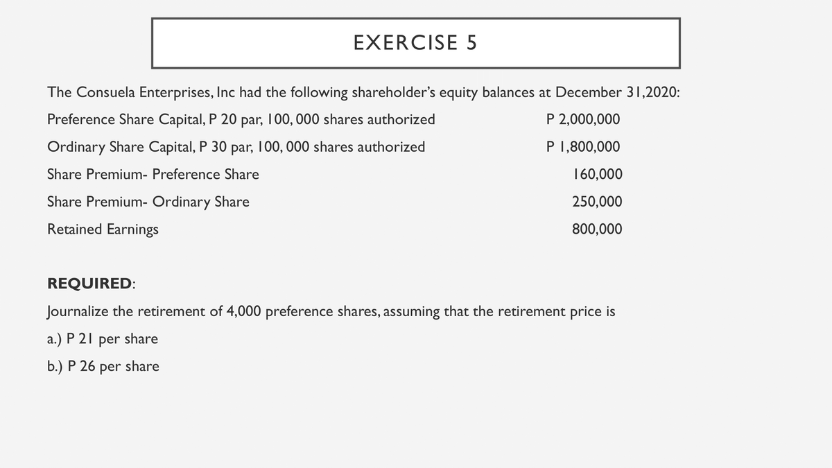 EXERCISE 5
The Consuela Enterprises, Inc had the following shareholder's equity balances at December 31,2020:
Preference Share Capital, P 20 par, 100, 000 shares authorized
P 2,000,000
Ordinary Share Capital, P 30 par, 100, 000 shares authorized
P 1,800,000
Share Premium- Preference Share
160,000
Share Premium- Ordinary Share
250,000
Retained Earnings
800,000
REQUIRED:
Journalize the retirement of 4,000 preference shares, assuming that the retirement price is
a.) P 21 per share
b.) P 26 per share
