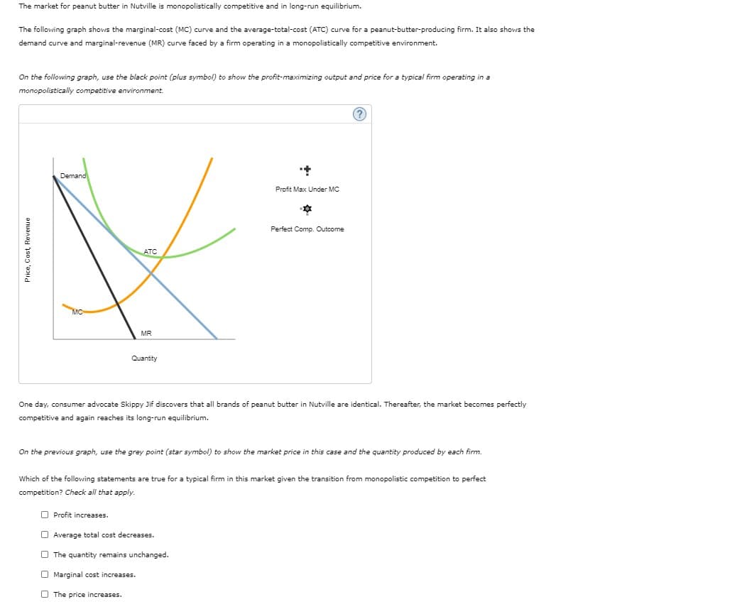 The market for peanut butter in Nutville is monopolistically competitive and in long-run equilibrium.
The following graph shows the marginal-cost (MC) curve and the average-total-cost (ATC) curve for a peanut-butter-producing firm. It also shows the
demand curve and marginal-revenue (MR) curve faced by a firm operating in a monopolistically competitive environment.
On the following graph, use the black point (plus symbol) to show the profit-maximizing output and price for a typical firm operating in a
monopolistically competitive environment.
(?
Demand
Profit Max Under MC
Perfect Comp. Outcome
ATC
MR
Quantity
One day, consumer advocate Skippy Jif discovers that all brands of peanut butter in Nutville are identical. Thereafter, the market becomes perfectly
competitive and again reaches its long-run equilibrium.
On the previous graph, use the grey point (star symbol) to show the market price in this case and the quantity produced by each firm.
Which of the following statements are true for a typical firm in this market given the transition from monopolistic competition to perfect
competition? Check all that apply
O Profit increases.
O Average total cost decreases.
O The quantity remains unchanged.
O Marginal cost increases.
O The price increases.
Price, Cost, Revenue
