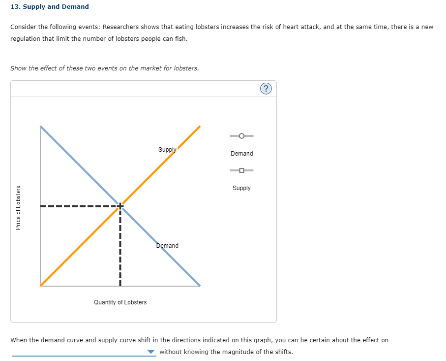 13. Supply and Demand
Consider the following events: Researchers shows that eating lobsters increases the risk of heart attack, and at the same time, there is a new
regulation that limit the number of lobsters people can fish.
Show the effect of these two events on the market for lobsters.
Supply
Demand
Supply
Demand
Quantity of Lobsters
When the demand curve and supply curve shift in the directions indicated on this graph, you can be certain about the effect on
without knowing the magnitude of the shifts.
Price of Lobsters
