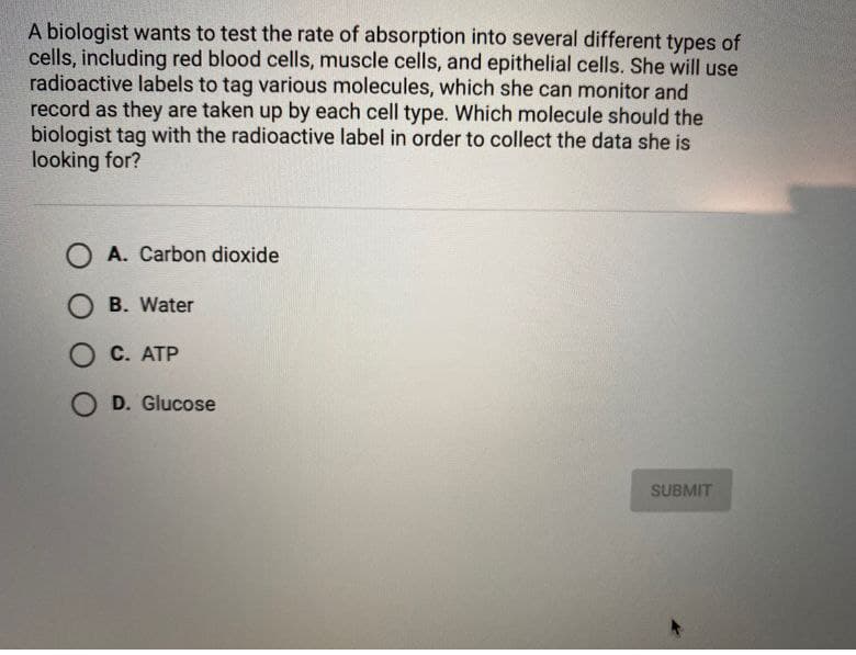 A biologist wants to test the rate of absorption into several different types of
cells, including red blood cells, muscle cells, and epithelial cells. She will use
radioactive labels to tag various molecules, which she can monitor and
record as they are taken up by each cell type. Which molecule should the
biologist tag with the radioactive label in order to collect the data she is
looking for?
O A. Carbon dioxide
O B. Water
О с. АТР
O D. Glucose
SUBMIT
