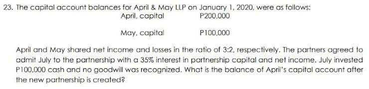 23. The capital account balances for April & May LLP on January 1, 2020, were as follows:
April, capital
P200,000
May, capital
P100,000
April and May shared net income and losses in the ratio of 3:2, respectively. The partners agreed to
admit July to the partnership with a 35% interest in partnership capital and net income. July invested
P100,000 cash and no goodwill was recognized. What is the balance of April's capital account after
the new partnership is created?
