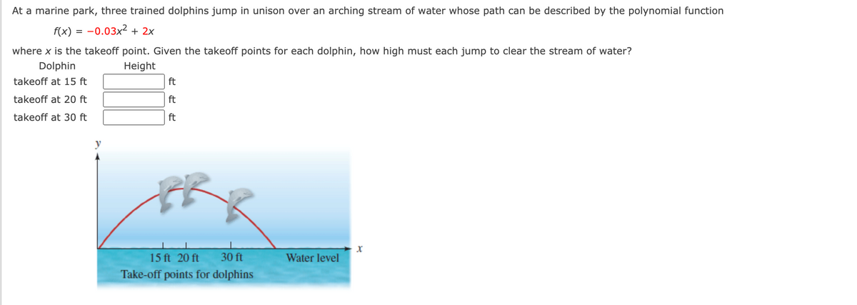 ### Dolphin Jumps at a Marine Park

At a marine park, three trained dolphins jump in unison over an arching stream of water. The path of their jumps can be described by the polynomial function:

\[ f(x) = -0.03x^2 + 2x \]

where \( x \) is the takeoff point. Given the takeoff points for each dolphin, we need to determine how high each dolphin must jump to clear the stream of water.

#### Table of Takeoff Points and Heights
| Dolphin Takeoff Point | Height |
|-----------------------|--------|
| takeoff at 15 ft      |        |
| takeoff at 20 ft      |        |
| takeoff at 30 ft      |        |

#### Graph/Diagram Explanation
The accompanying diagram illustrates the trajectory of the dolphins’ jumps, represented by a red parabolic curve above the water level. The x-axis indicates the takeoff points at 15 ft, 20 ft, and 30 ft, while the y-axis represents the height of the jumps. The blue background signifies the water, with the surface indicated as the “Water level.” 

Three dolphins are shown making synchronised jumps along the parabolic curve, visually demonstrating the heights corresponding to their respective takeoff points. The overall aim is to calculate these heights for each given point on the x-axis using the polynomial function \( f(x) \).