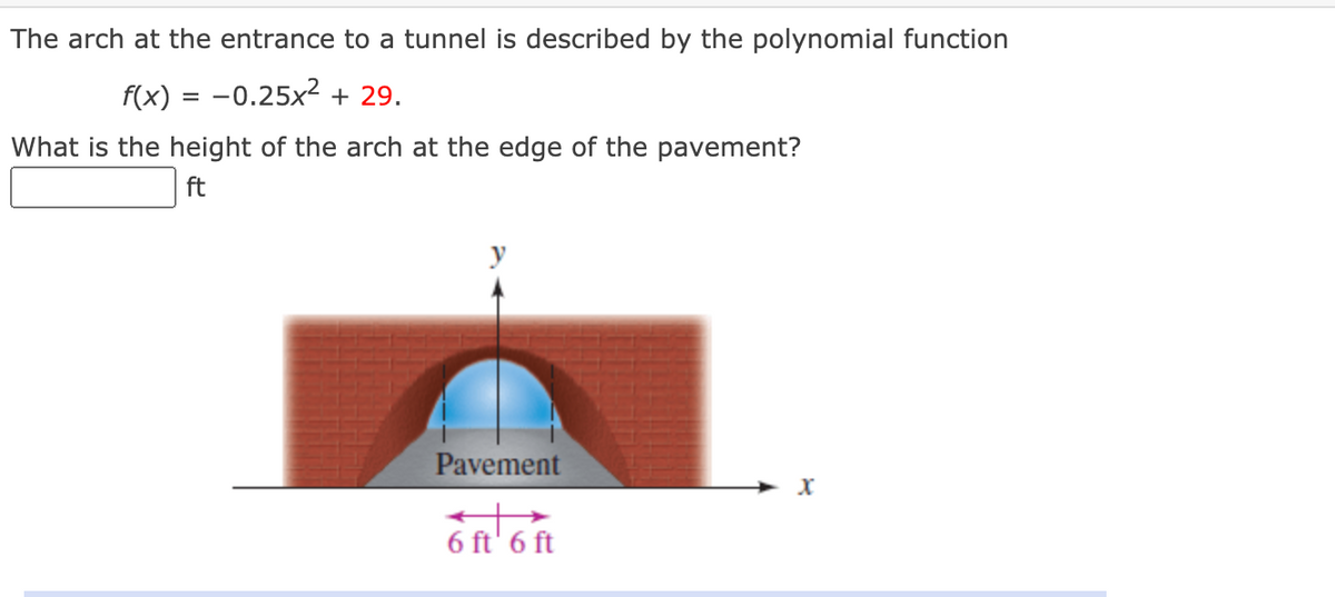 The arch at the entrance to a tunnel is described by the polynomial function
f(x) = -0.25x² + 29.
What is the height of the arch at the edge of the pavement?
ft
Pavement
6 ft' 6 ft
