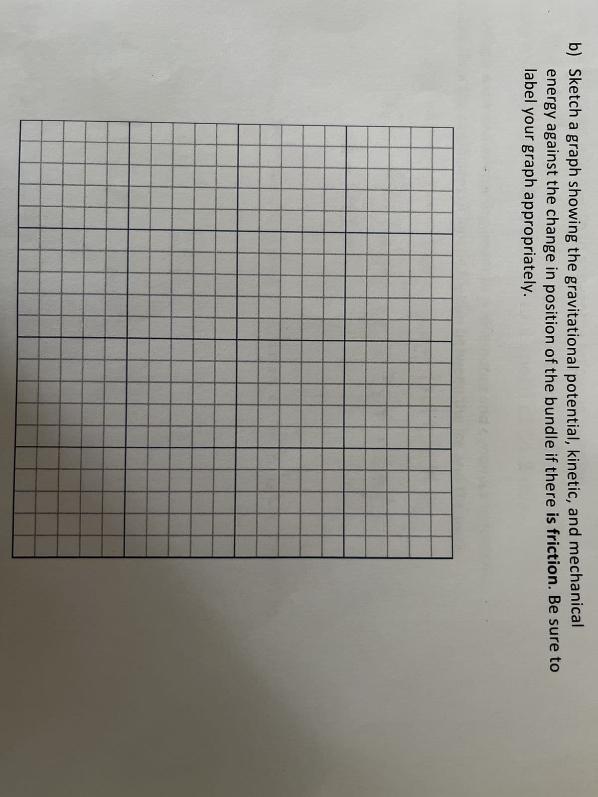 b) Sketch a graph showing the gravitational potential, kinetic, and mechanical
energy against the change in position of the bundle if there is friction. Be sure to
label your graph appropriately.