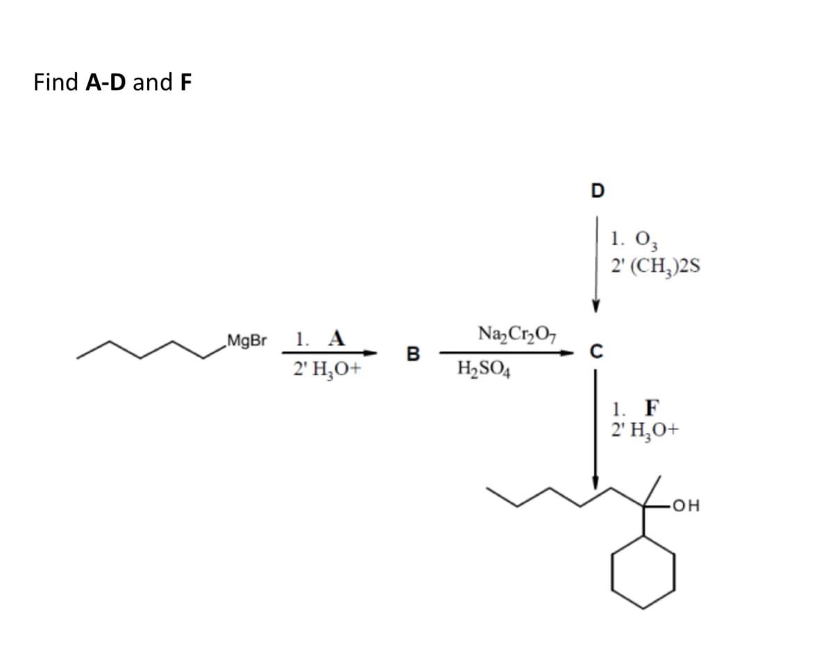 Find A-D and F
D
1. O,
2" (CH,)2S
Na,Cr,O,
1. A
2' H,O+
„MgBr
B
H2SO4
1. F
2' H,O+
-HO-
