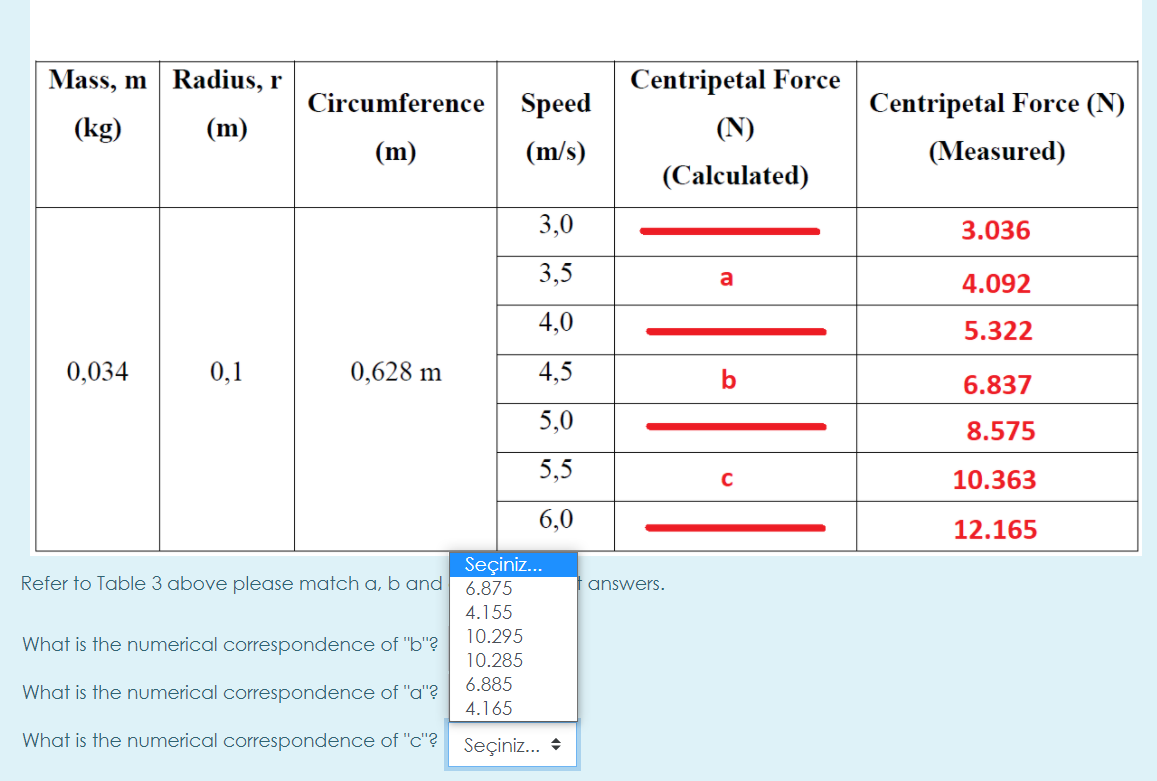 Mass, m Radius, r
Centripetal Force
Circumference
Speed
Centripetal Force (N)
(kg)
(m)
(N)
(m)
(m/s)
(Measured)
(Calculated)
3,0
3.036
3,5
a
4.092
4,0
5.322
0,034
0,1
0,628 m
4,5
b
6.837
5,0
8.575
5,5
10.363
6,0
12.165
Seçiniz...
6.875
Refer to Table 3 above please match a, b and
answers.
4.155
10.295
10.285
What is the numerical correspondence of "b"?
6.885
What is the numerical correspondence of "a"?
4.165
What is the numerical correspondence of "c"? Seçiniz... +
