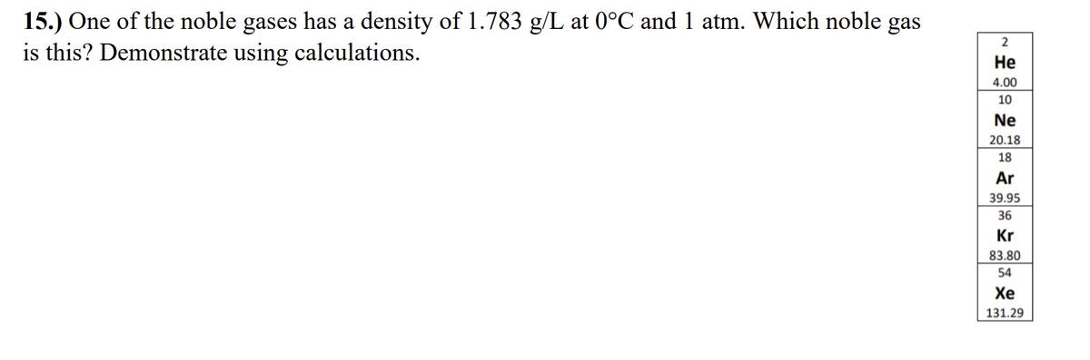 15.) One of the noble gases has a density of 1.783 g/L at 0°C and 1 atm. Which noble gas
is this? Demonstrate using calculations.
2
Не
4.00
10
Ne
20.18
18
Ar
39.95
36
Kr
83.80
54
Хе
131.29
