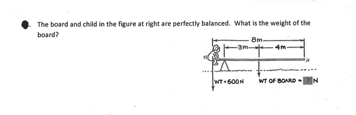 The board and child in the figure at right are perfectly balanced. What is the weight of the
board?
8m.
-3m.
4m.
WT 600N
WT OF BOARD -
