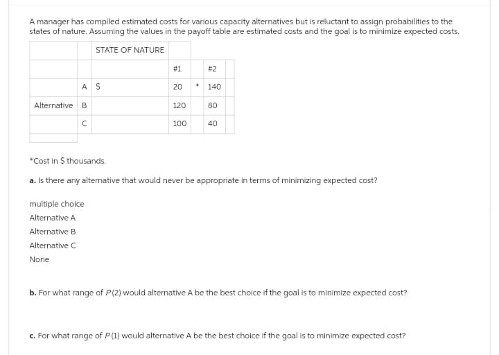 A manager has compiled estimated costs for various capacity alternatives but is reluctant to assign probabilities to the
states of nature. Assuming the values in the payoff table are estimated costs and the goal is to minimize expected costs.
STATE OF NATURE
A $
Alternative B
с
# 1
multiple choice
Alternative A
Alternative B
Alternative C
None
20
120
100
*
#2
140
80
40
*Cost in $ thousands.
a. Is there any alternative that would never be appropriate in terms of minimizing expected cost?
b. For what range of P(2) would alternative A be the best choice if the goal is to minimize expected cost?
c. For what range of P (1) would alternative A be the best choice if the goal is to minimize expected cost?