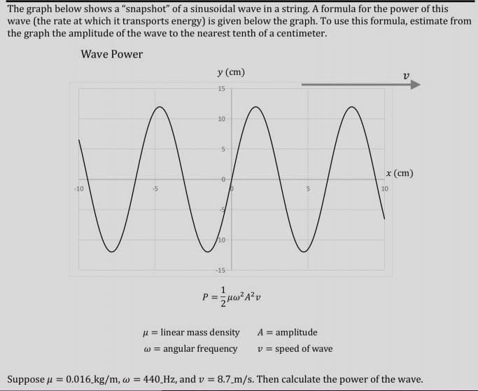 The graph below shows a "snapshot" of a sinusoidal wave in a string. A formula for the power of this
wave (the rate at which it transports energy) is given below the graph. To use this formula, estimate from
the graph the amplitude of the wave to the nearest tenth of a centimeter.
Wave Power
y (cm)
15
10
x (cm)
-10
5
10
10
-15
1
u = linear mass density
w = angular frequency
A = amplitude
v = speed of wave
Suppose u = 0.016 kg/m, w = 440_Hz, and v = 8.7 m/s. Then calculate the power of the wave.
%3D
%3D
