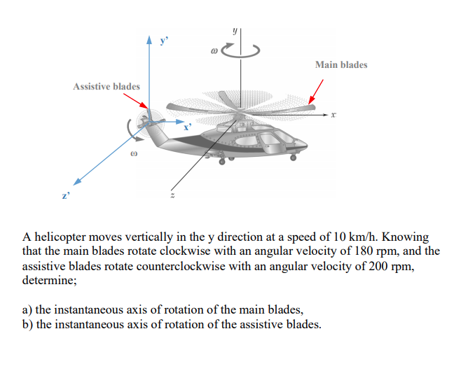 Main blades
Assistive blades
A helicopter moves vertically in the y direction at a speed of 10 km/h. Knowing
that the main blades rotate clockwise with an angular velocity of 180 rpm, and the
assistive blades rotate counterclockwise with an angular velocity of 200 rpm,
determine;
a) the instantaneous axis of rotation of the main blades,
b) the instantaneous axis of rotation of the assistive blades.
