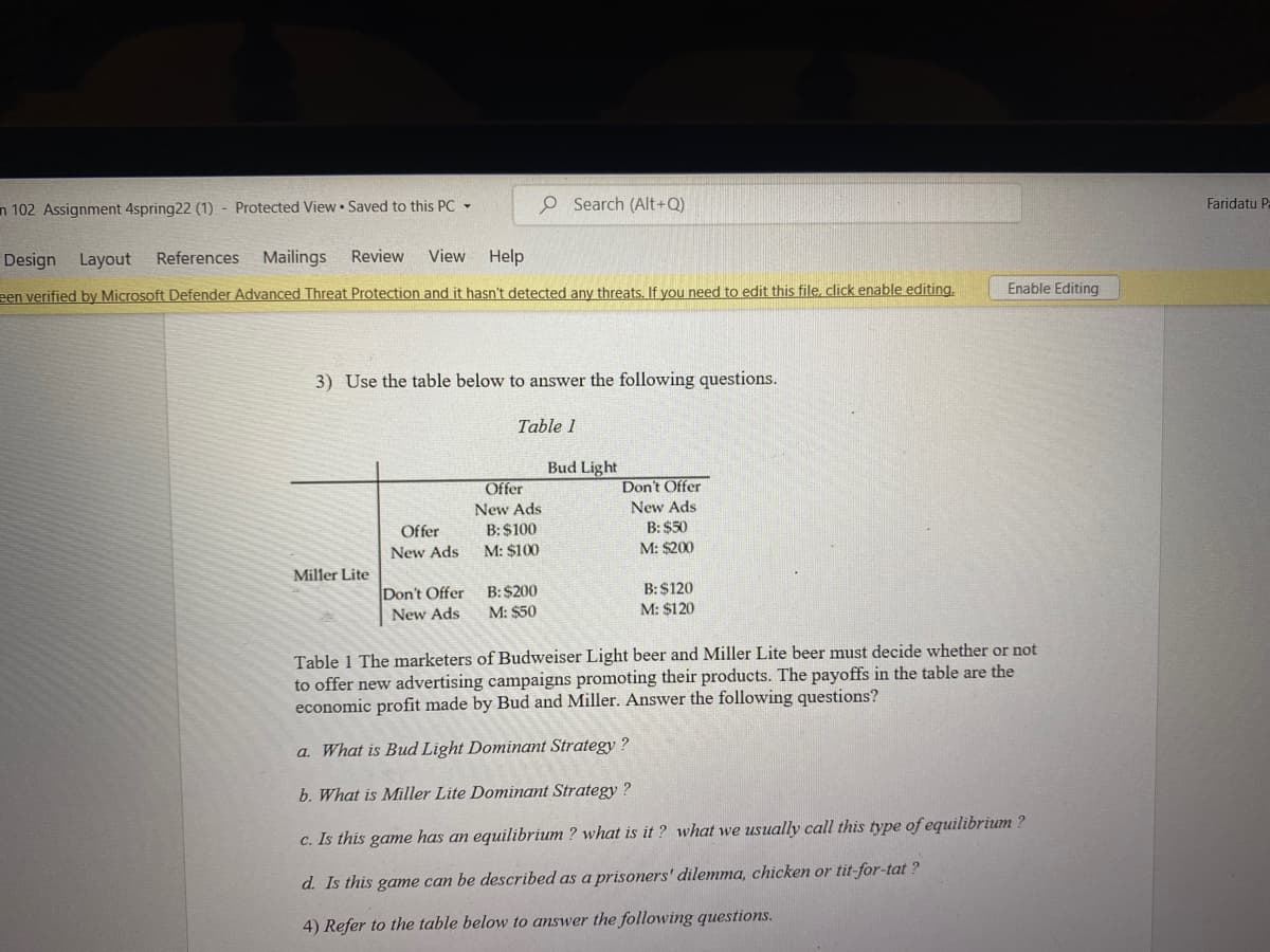 n 102 Assignment 4spring22 (1) Protected View Saved to this PC
O Search (Alt+Q)
Design Layout References Mailings Review View Help
een verified by Microsoft Defender Advanced Threat Protection and it hasn't detected any threats. If you need to edit this file, click enable editing.
Enable Editing
3) Use the table below to answer the following questions.
Table 1
Bud Light
Don't Offer
Offer
New Ads
New Ads
B: $100
B: $50
Offer
New Ads
M: $100
M: $200
Miller Lite
Don't Offer
B: $120
B: $200
M: $50
New Ads
M: $120
Table 1 The marketers of Budweiser Light beer and Miller Lite beer must decide whether or not
to offer new advertising campaigns promoting their products. The payoffs in the table are the
economic profit made by Bud and Miller. Answer the following questions?
a. What is Bud Light Dominant Strategy?
b. What is Miller Lite Dominant Strategy?
c. Is this game has an equilibrium ? what is it? what we usually call this type of equilibrium?
d. Is this game can be described as a prisoners' dilemma, chicken or tit-for-tat?
4) Refer to the table below to answer the following questions.
Faridatu Pa