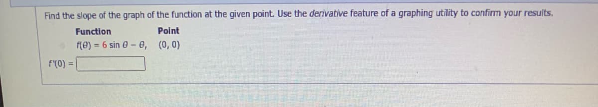 Find the slope of the graph of the function at the given point. Use the derivative feature of a graphing utility to confirm your results.
Function
Point
f(e) = 6 sin e -e, (0, 0)
f'(0) =
