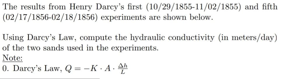 The results from Henry Darcy's first (10/29/1855-11/02/1855) and fifth
(02/17/1856-02/18/1856) experiments are shown below.
Using Darcy's Law, compute the hydraulic conductivity (in meters/day)
of the two sands used in the experiments.
Note:
0. Darcy's Law, Q = -K · A. Ah