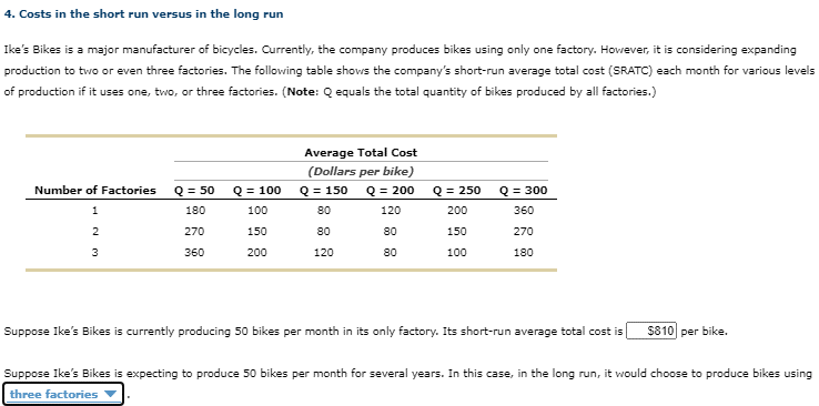 4. Costs in the short run versus in the long run
Ike's Bikes is a major manufacturer of bicycles. Currently, the company produces bikes using only one factory. However, it is considering expanding
production to two or even three factories. The following table shows the company's short-run average total cost (SRATC) each month for various levels
of production if it uses one, two, or three factories. (Note: Q equals the total quantity of bikes produced by all factories.)
Average Total Cost
(Dollars per bike)
Number of Factories
Q = 50
Q = 100
Q = 150
Q = 200
Q = 250
Q = 300
180
100
80
120
200
360
2
270
150
80
80
150
270
3
360
200
120
80
100
180
Suppose Ike's Bikes is currently producing 50 bikes per month in its only factory. Its short-run average total cost is
$810 per bike.
Suppose Ike's Bikes is expecting to produce 50 bikes per month for several years. In this case, in the long run, it would choose to produce bikes using
three factories
