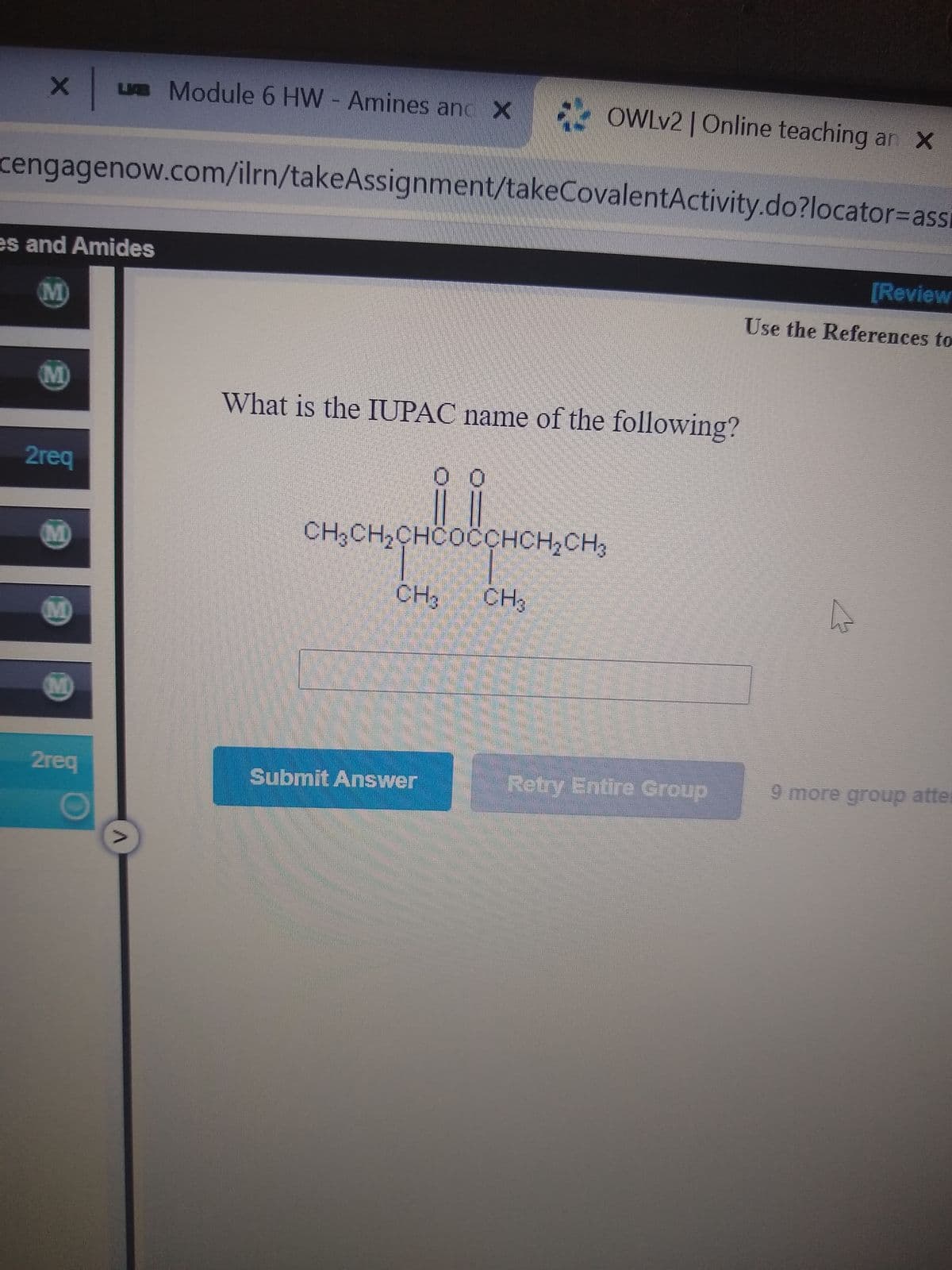 LIB Module 6 HW - Amines anc X
OWLV2 | Online teaching an X
cengagenow.com/ilrn/takeAssignment/takeCovalentActivity.do?locator%3Dass
es and Amides
[Review
M)
Use the References to
M)
What is the IUPAC name of the following?
2req
M)
CH;CH2CHCOČCHCH,CH3
CH3
CH
M)
2req
Submit Answer
Retry Entire Group
9 more group atter
