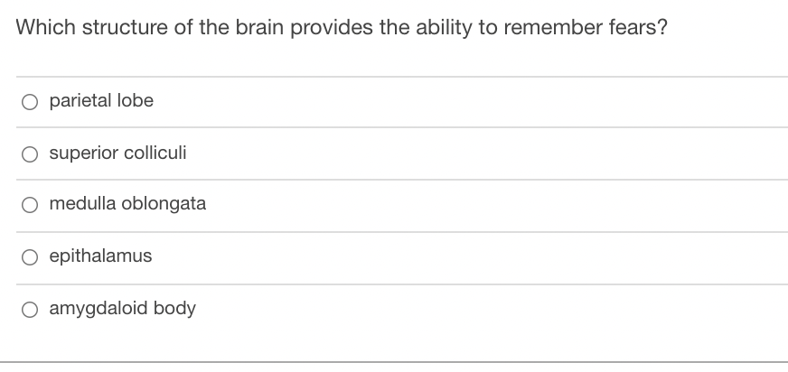 Which structure of the brain provides the ability to remember fears?
parietal lobe
O superior colliculi
O medulla oblongata
O epithalamus
O amygdaloid body
