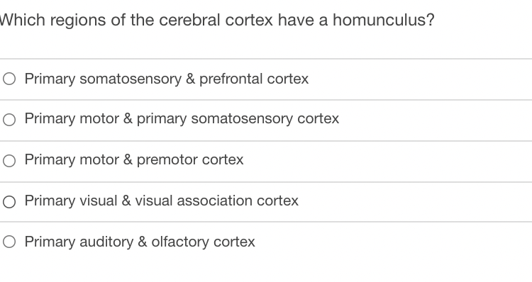 Which regions of the cerebral cortex have a homunculus?
O Primary somatosensory & prefrontal cortex
O Primary motor & primary somatosensory cortex
O Primary motor & premotor cortex
O Primary visual & visual association cortex
O Primary auditory & olfactory cortex
