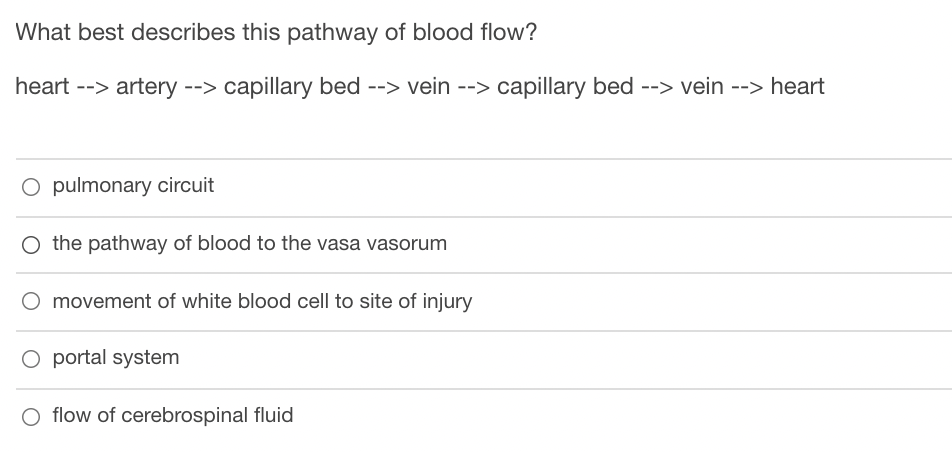 What best describes this pathway of blood flow?
heart --> artery --> capillary bed --> vein --> capillary bed --> vein --> heart
O pulmonary circuit
O the pathway of blood to the vasa vasorum
O movement of white blood cell to site of injury
O portal system
O flow of cerebrospinal fluid
