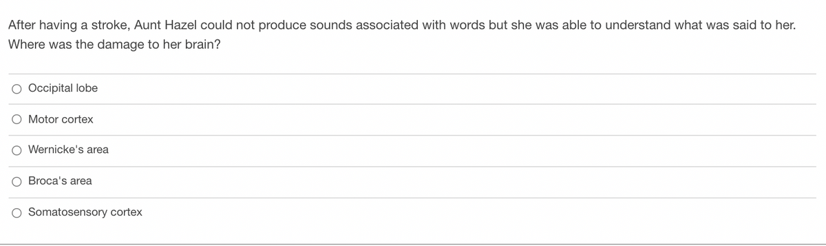 After having a stroke, Aunt Hazel could not produce sounds associated with words but she was able to understand what was said to her.
Where was the damage to her brain?
O Occipital lobe
O Motor cortex
O Wernicke's area
Broca's area
O Somatosensory cortex
