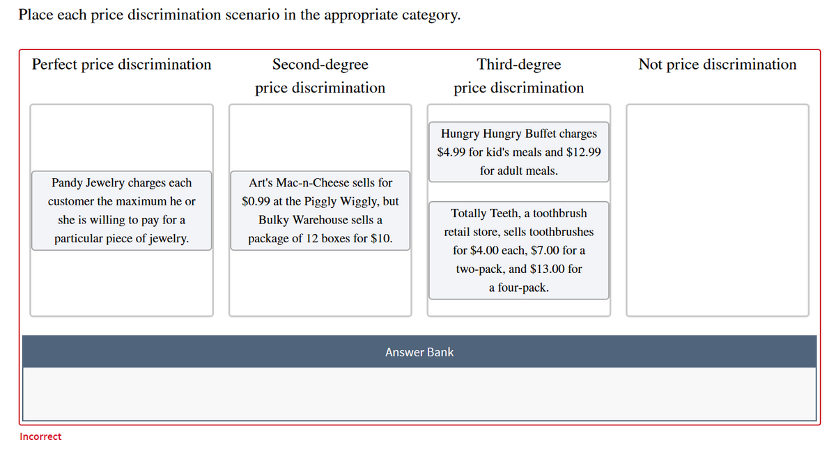 Place each price discrimination scenario in the appropriate category.
Perfect price discrimination
Pandy Jewelry charges each
customer the maximum he or
she is willing to pay for a
particular piece of jewelry.
Incorrect
Second-degree
price discrimination
Art's Mac-n-Cheese sells for
$0.99 at the Piggly Wiggly, but
Bulky Warehouse sells a
package of 12 boxes for $10.
Third-degree
price discrimination
Hungry Hungry Buffet charges
$4.99 for kid's meals and $12.99
for adult meals.
Totally Teeth, a toothbrush
retail store, sells toothbrushes
for $4.00 each, $7.00 for a
two-pack, and $13.00 for
a four-pack.
Answer Bank
Not price discrimination