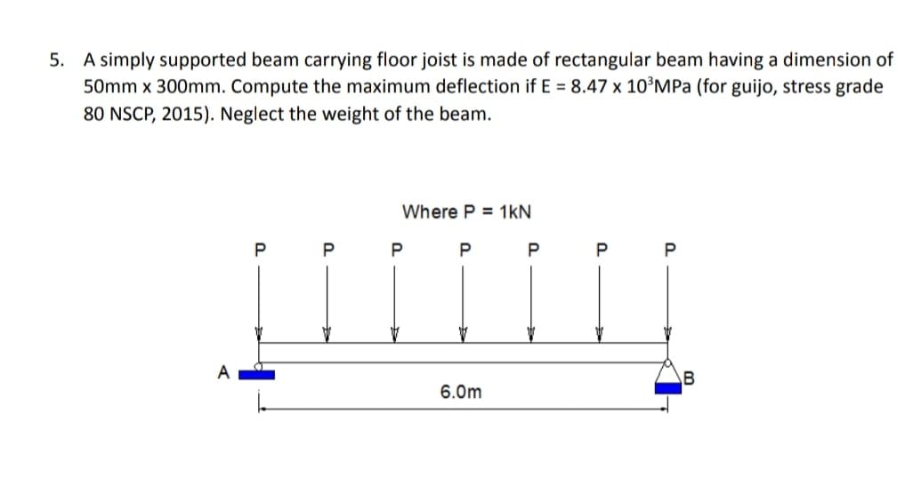 5. A simply supported beam carrying floor joist is made of rectangular beam having a dimension of
50mm x 300mm. Compute the maximum deflection if E = 8.47 x 10°MPA (for guijo, stress grade
80 NSCP, 2015). Neglect the weight of the beam.
Where P = 1kN
P
P
A
6.0m
