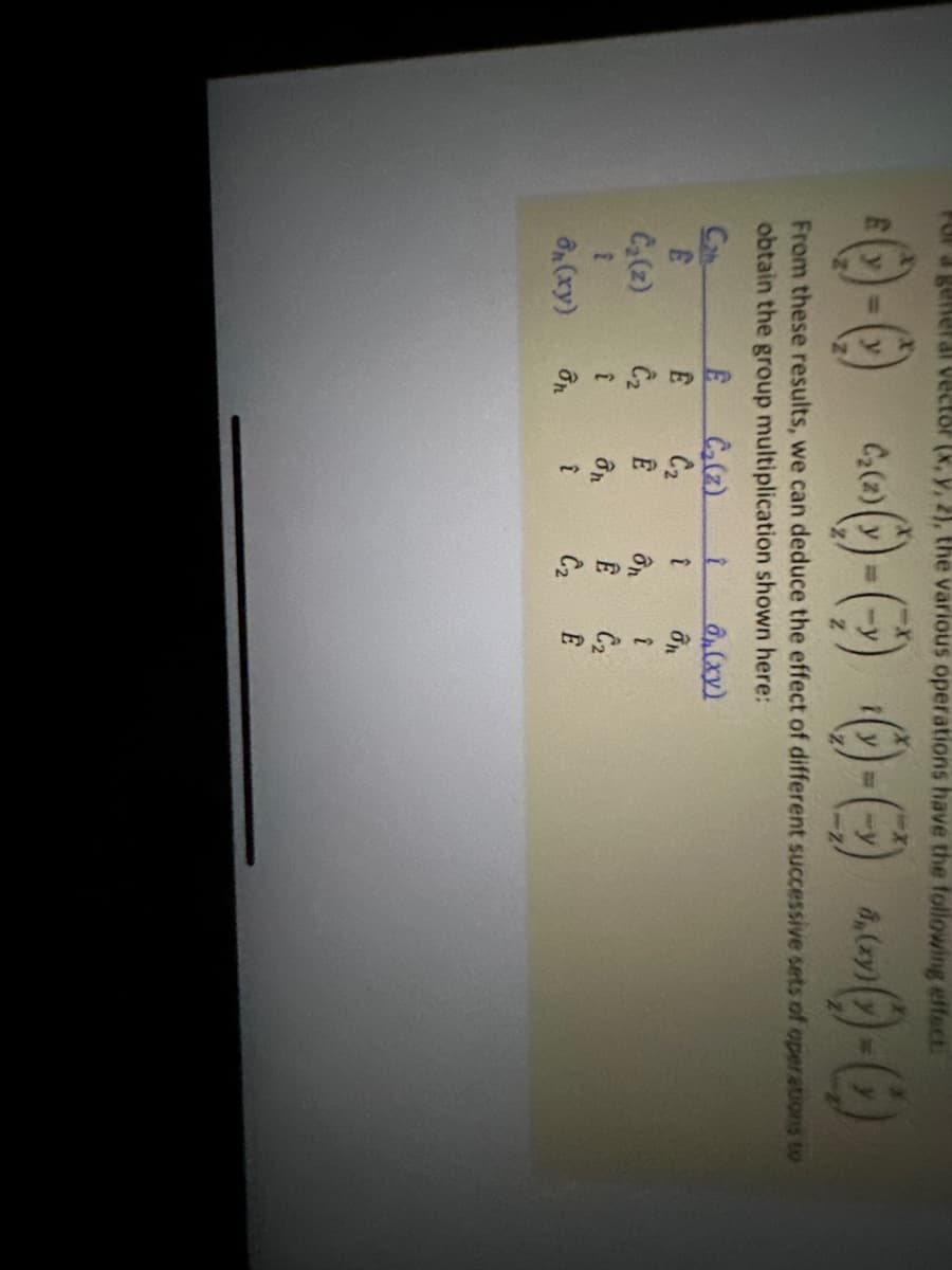 For a general vector (x, y, 2), the various operations have the following effect
0-0 0-C) 0-0)
C₂ (z)
()-()
From these results, we can deduce the effect of different successive sets of operations to
obtain the group multiplication shown here:
C₂ (2)
Cah
E
C₂(z)
₤
(xy)
- ان لله ده
on
3435
C₂
î
î
ôn
Ê
C₂
(xy)
ôn
î
C₂
8, (xy)