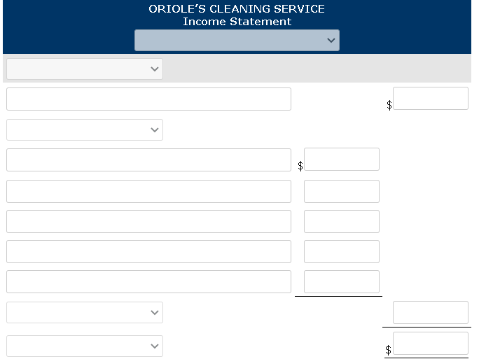 ORIOLE'S CLEANING SERVICE
Income Statement
$4
%24
%24
>
>
