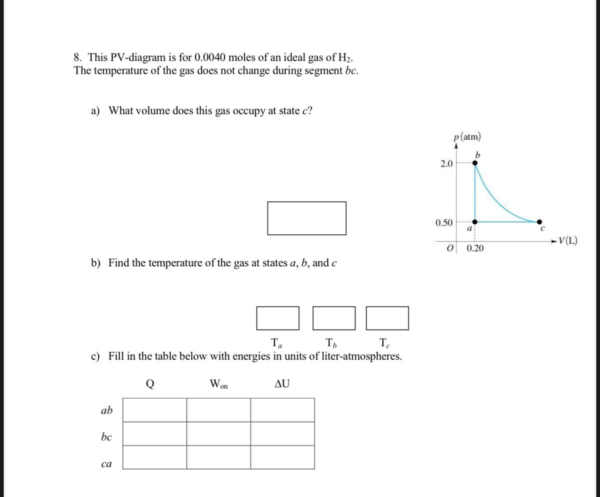 8. This PV-diagram is for 0.0040 moles of an ideal gas of H2.
The temperature of the gas does not change during segment bc.
a) What volume does this gas occupy at state c?
p(atm)
2.0
0.50
a
V(L)
0.20
b) Find the temperature of the gas at states a, b, and c
Ta
c) Fill in the table below with energies in units of liter-atmospheres.
Te
Q
Won
Δυ
ab
bc
са
