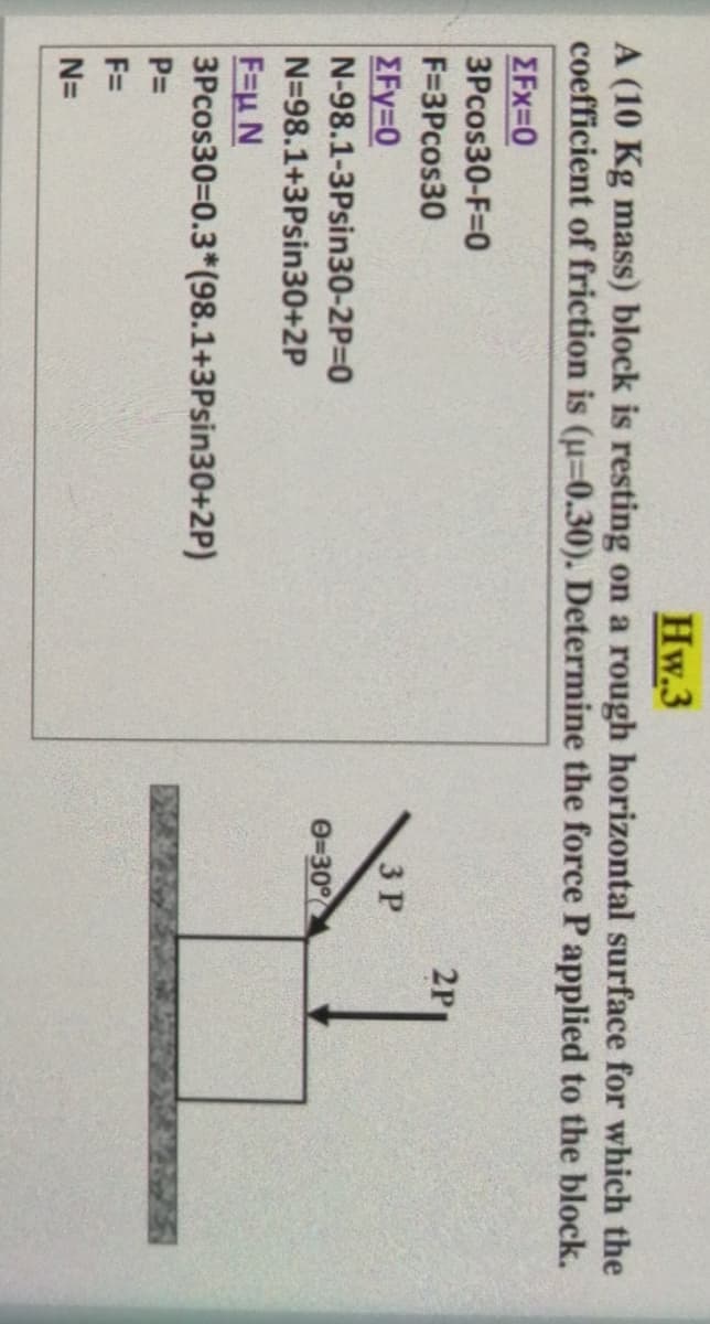 Hw.3
A (10 Kg mass) block is resting on a rough horizontal surface for which the
coefficient of friction is (u=0.30). Determine the force P applied to the block.
EFx=0
3Pcos30-F-D0
2P
F=3Pcos30
3 P
EFy=0
N-98.1-3Psin30-2P=0
0-30°
N=98.1+3Psin30+2P
F=u N
3Pcos30-0.3*(98.1+3Psin30+2P)
750
PD
F=
N=
