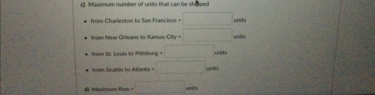 c) Maximum number of units that can be shipped
• from Charleston to San Francisco =
units
• from New Orleans to Kansas City =
units
• from St. Louis to Pittsburg% =
units
units
• from Seattle to Atlanta =
d) Maximum flow =
units
