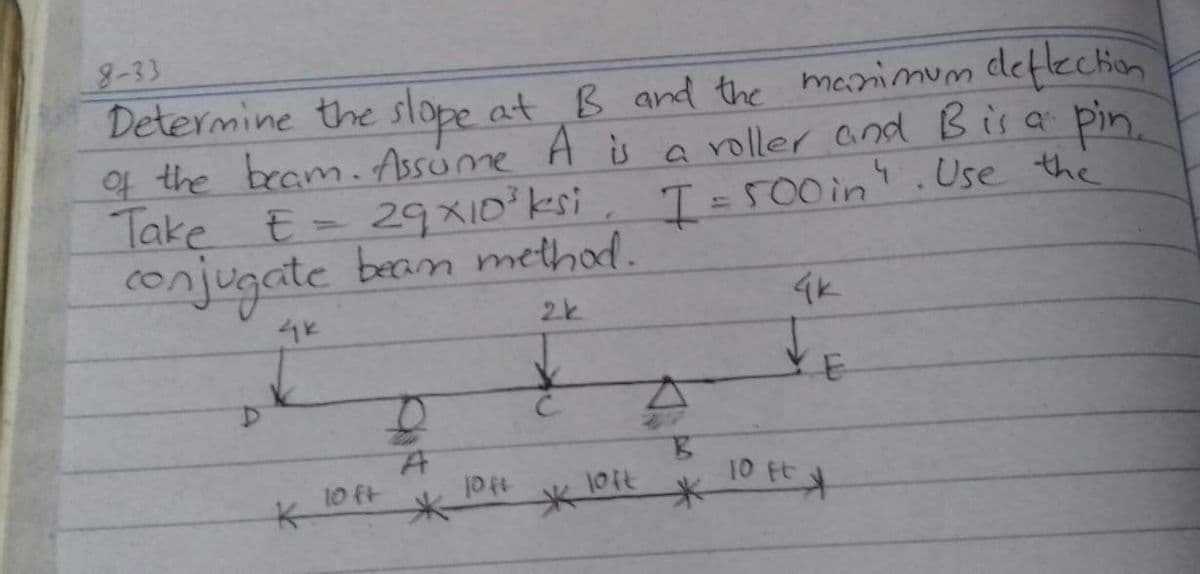 8-33
Determine the slope at B and the menimum deflection
pin.
I=500in.Use the
o
4 the beam. Assome A is a roller and Bisa
Take
E- 29x10ksi
conjugate
bean method.
4k
2k
10 Et
K-
101t
10 tt t
