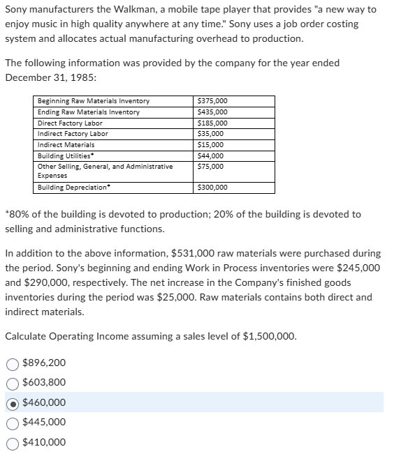 Sony manufacturers the Walkman, a mobile tape player that provides "a new way to
enjoy music in high quality anywhere at any time." Sony uses a job order costing
system and allocates actual manufacturing overhead to production.
The following information was provided by the company for the year ended
December 31, 1985:
Beginning Raw Materials Inventory
Ending Raw Materials Inventory
Direct Factory Labor
Indirect Factory Labor
Indirect Materials
Building Utilities*
Other Selling, General, and Administrative
Expenses
Building Depreciation*
$375,000
$435,000
$185,000
$35,000
$15,000
$44,000
$75,000
$300,000
*80% of the building is devoted to production; 20% of the building is devoted to
selling and administrative functions.
$896,200
$603,800
$460,000
$445,000
$410,000
In addition to the above information, $531,000 raw materials were purchased during
the period. Sony's beginning and ending Work in Process inventories were $245,000
and $290,000, respectively. The net increase in the Company's finished goods
inventories during the period was $25,000. Raw materials contains both direct and
indirect materials.
Calculate Operating Income assuming a sales level of $1,500,000.