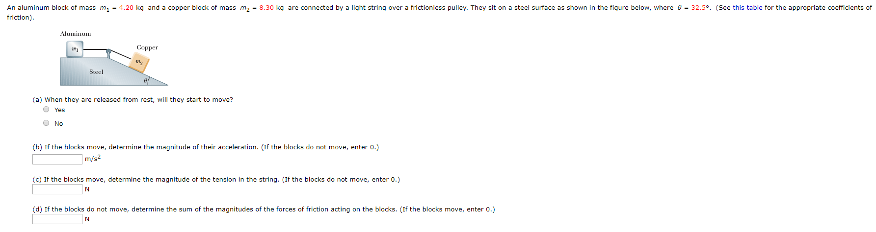 An aluminum block of mass m, = 4.20 kg and a copper block of mass m, = 8.30 kg are connected by a light string over a frictionless pulley. They sit on a steel surface as shown in the figure below, where e = 32.5°. (See this table for the appropriate coefficients of
friction).
Aluminum
Copper
Steel
(a) When they are released from rest, will they start to move?
O Yes
O No
(b) If the blocks move, determine the magnitude of their acceleration. (If the blocks do not move, enter 0.)
|m/s²
(c) If the blocks move, determine the magnitude of the tension in the string. (If the blocks do not move, enter 0.)
