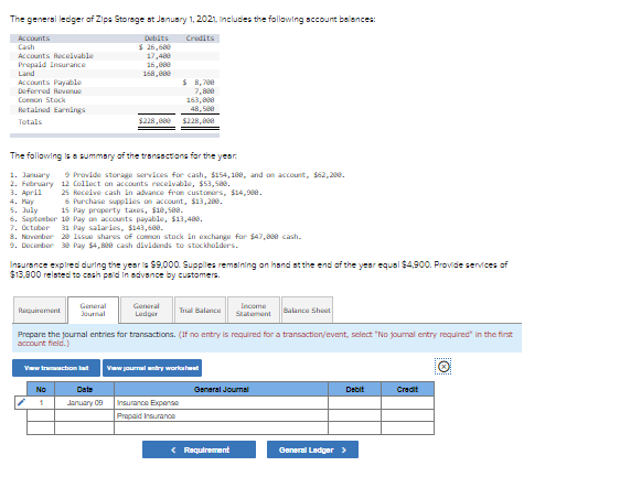 The genersl ledger of Zips Storage st January 1, 2021, Includes the following sccount balances:
Accounts
Dibits
Credits
$ 25,680
17,480
Cash
Accounts Receivable
Prepaid Insurance
Land
Accounts Payable
Deferred Revenue
168,000
S 8, 700
Cormon Stock
163,80e
48, S0
Retained Earnings
Totals
$28,000
$228, 00
The following isa summary of the transactions for the yesar.
1. January
2. February 12 collect on accounts receivable, $53,580.
3. April
4. ay
5. July
6. Septenber 1e Pay on accounts payable, $13,480.
7. October
8. Novenber 20 Issue shars of common stock in exchange for $47,80e cash.
9. December 38 Pay $4,88e cash dividends to stockhalders.
9 Provide storage services for cash, $154, 188, and on account, $62,200.
25 Receive cash in advance from custoners, $14,980.
6 Purchase supplies on account, $13,280.
15 Pay property taxes, $10, sae.
31 Pay salaries, $143,680.
Insurance explred during the year is $9,000. Supplies remaining on hand st the end of the year equal $4,900. Provide services of
$13,900 relsted to cesh paid in advance by customers.
வெவாaி
Journal
General
Icome
Statement
Raquirement
Trial Balance
Balance Sheet
Ledger
Prepare the journal entries for transactions. (If no entry is required for a transaction/event, select "No joumal entry required" in the first
account field.)
Vw jourmaltry workaheet
Vaw truchom lat
No
Date
Genaral Journal
Debit
Credit
January 09
Insurance Expense
Prapaid Insurance
( Requirement
General Ledger>
