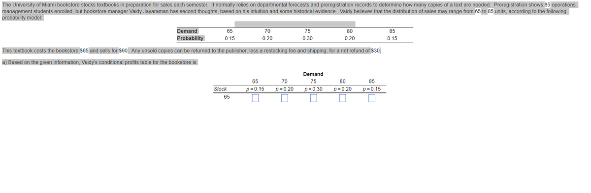 The University of Miami bookstore stocks textbooks in preparation for sales each semester. It normally relies on departmental forecasts and preregistration records to determine how many copies of a text are needed. Preregistration shows 85 operations
management students enrolled, but bookstore manager Vaidy Jayaraman has second thoughts, based on his intuition and some historical evidence. Vaidy believes that the distribution of sales may range from 65 to 85 units, according to the following
probability model:
Demand
65
70
75
80
85
Probability
0.15
0.20
0.30
0.20
0.15
This textbook costs the bookstore $65 and sells for $90. Any unsold copies can be returned to the publisher, less a restocking fee and shipping, for a net refund of $30.
a) Based on the given information, Vaidy's conditional profits table for the bookstore is:
Demand
65
70
75
80
85
Stock
p = 0.15
p = 0.20
p = 0.30
p = 0.20
p = 0.15
65
