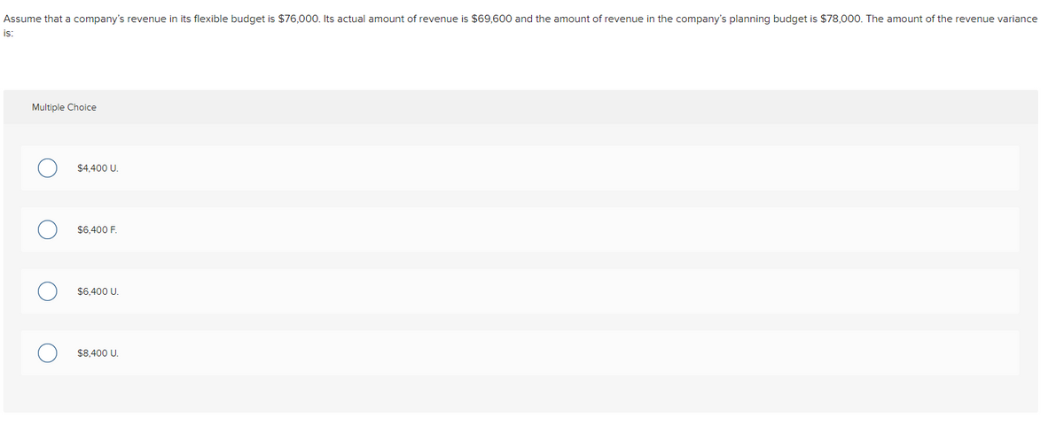 Assume that a company's revenue in its flexible budget is $76,000. Its actual amount of revenue is $69,600 and the amount of revenue in the company's planning budget is $78,000. The amount of the revenue variance
is:
Multiple Choice
$4.400 U.
$6,400 F.
$6.400 U.
$8,400 U.
