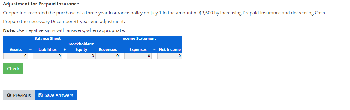 Adjustment for Prepaid Insurance
Cooper Inc. recorded the purchase of a three-year insurance policy on July 1 in the amount of $3,600 by increasing Prepaid Insurance and decreasing Cash.
Prepare the necessary December 31 year-end adjustment.
Note: Use negative signs with answers, when appropriate.
Balance Sheet
Income Statement
Stockholders'
Assets
Liabilities
Equity
Revenues
Expenses
- Net Income
Check
O Previous
A Save Answers
